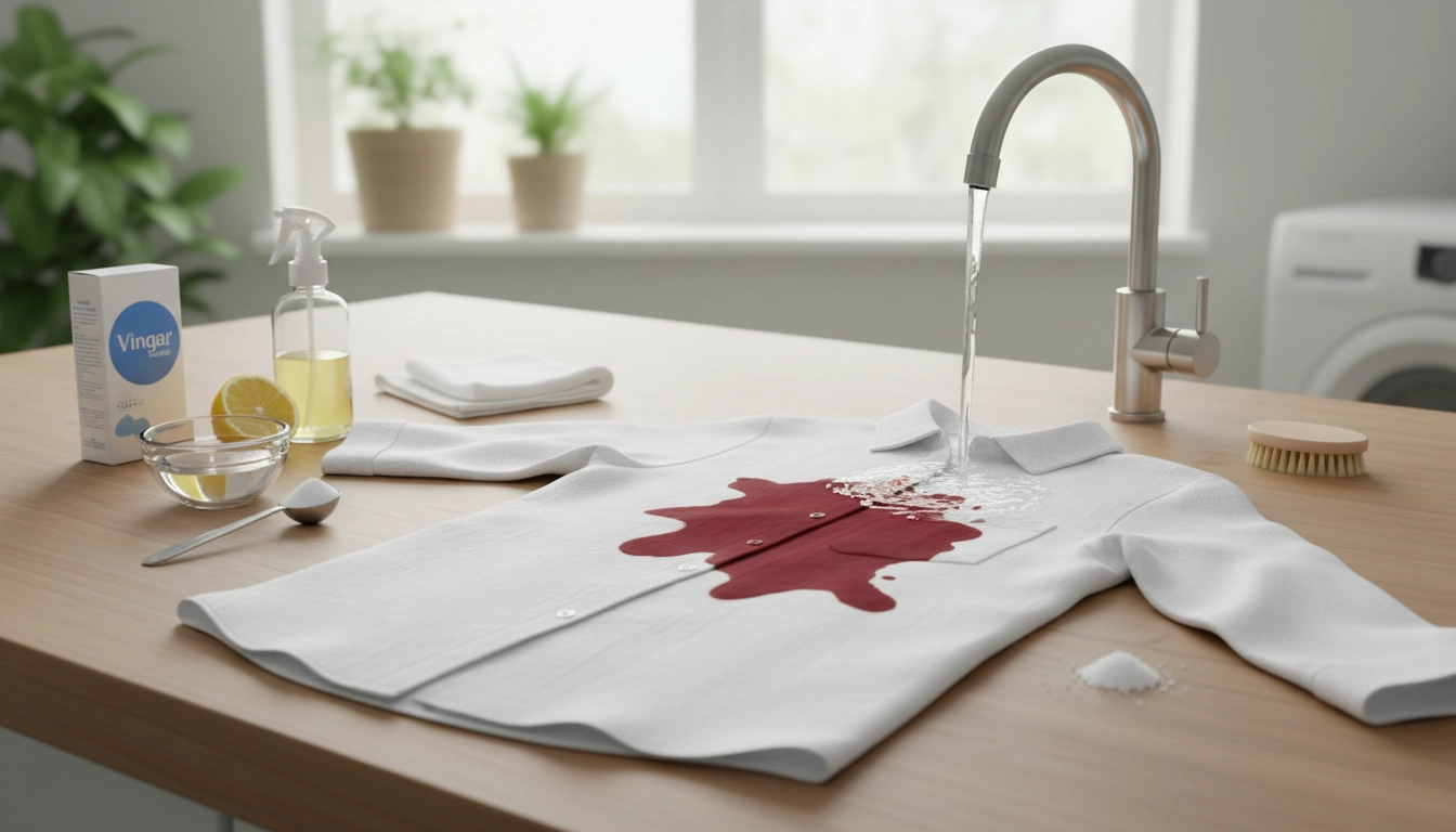 Vêtement blanc avec tache de vin rouge traité avec du sel et de l'eau oxygénée pour enlever la tache