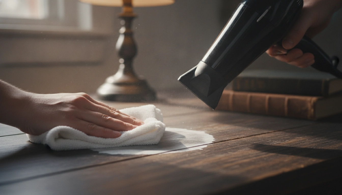 Utilisation d'un sèche-cheveux pour enlever taches eau meubles bois sur une table en chêne.