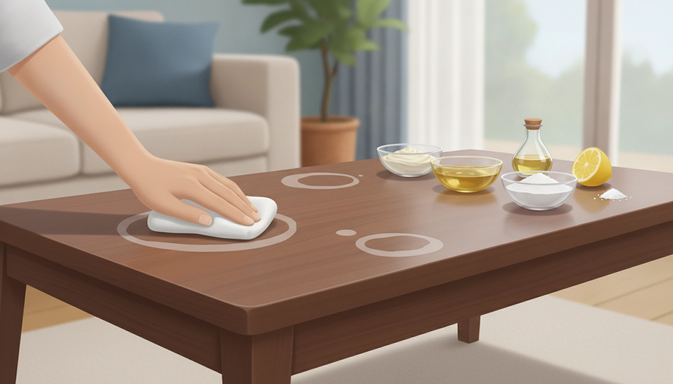Une table en bois avec une tache d'eau en cours de nettoyage, illustrant comment enlever taches eau meubles bois.
