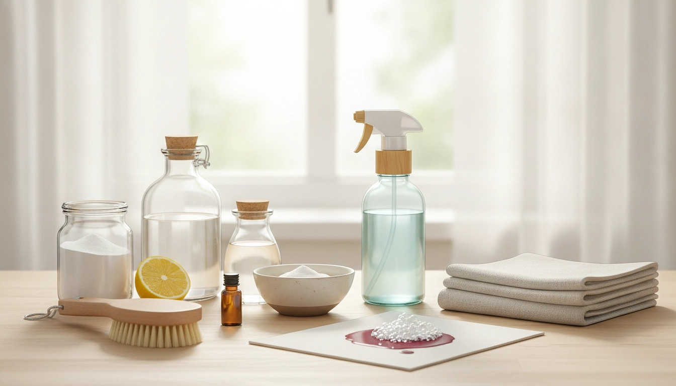 Une personne utilisant des produits naturels pour enlever taches tenaces nettoyage zéro déchet sur une table en bois.
