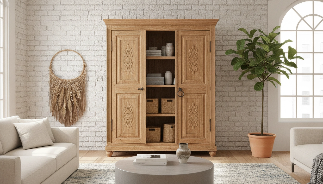 Meuble en bois ancien bien entretenu dans un salon moderne.