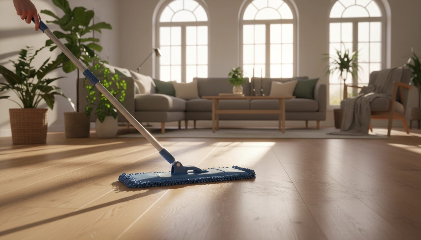 Entretenir sols parquets avec une serpillère microfibre plate dans un salon moderne au parquet en chêne