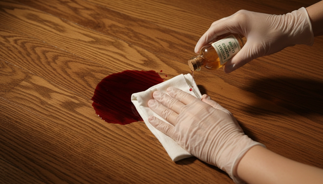 Nettoyage d'une tache de vin rouge sur un parquet en bois massif avec un chiffon doux et produit naturel