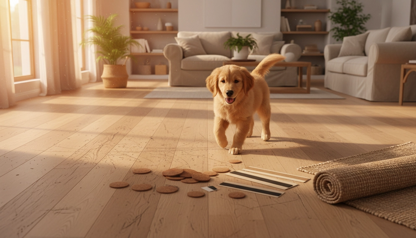 Protection du parquet en bois contre les rayures causées par un chien et les pieds de meubles sans patins feutre