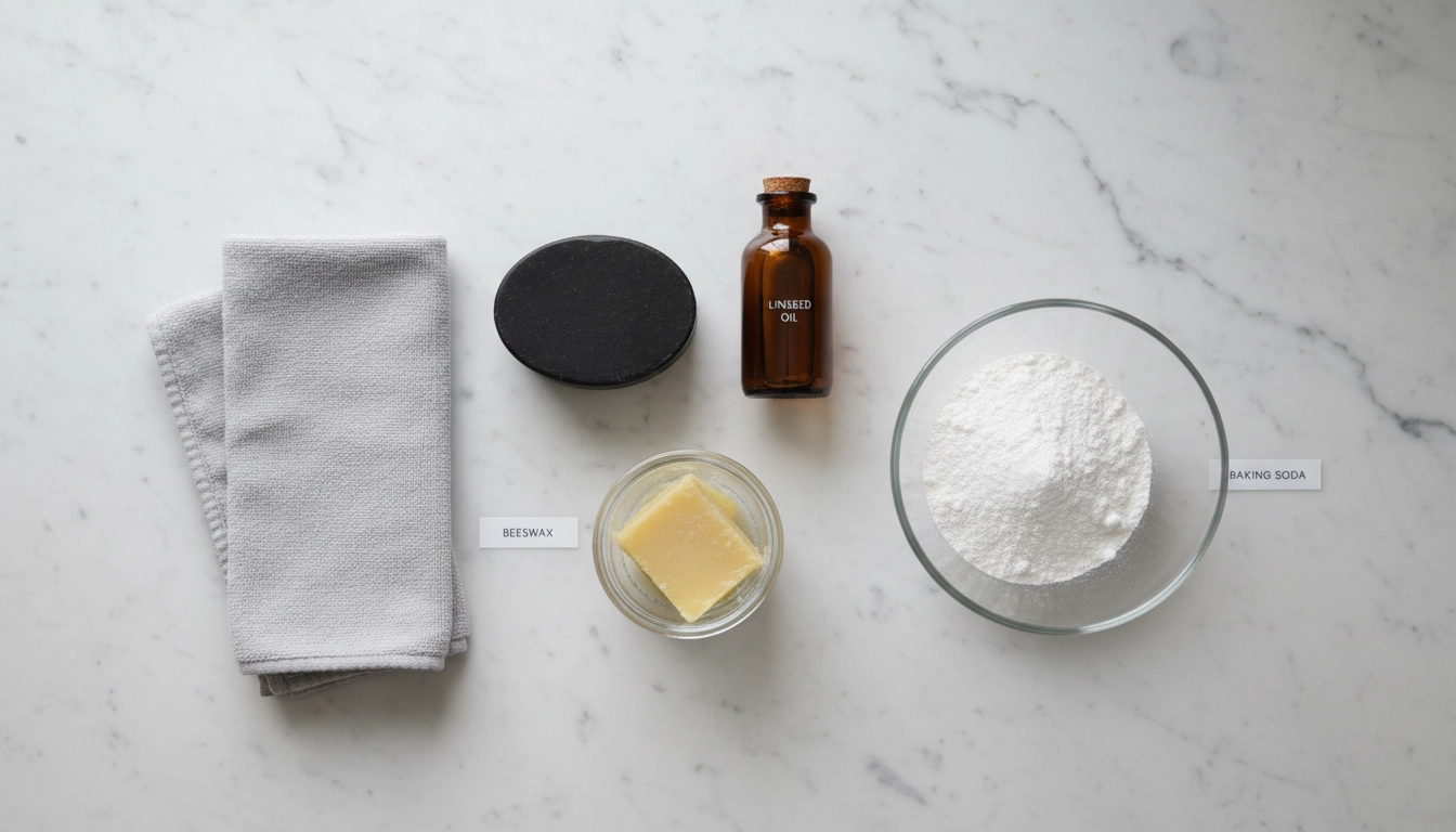 Produits écologiques naturels pour entretenir un parquet en bois : savon noir, huile de lin, cire d'abeille et bicarbonate