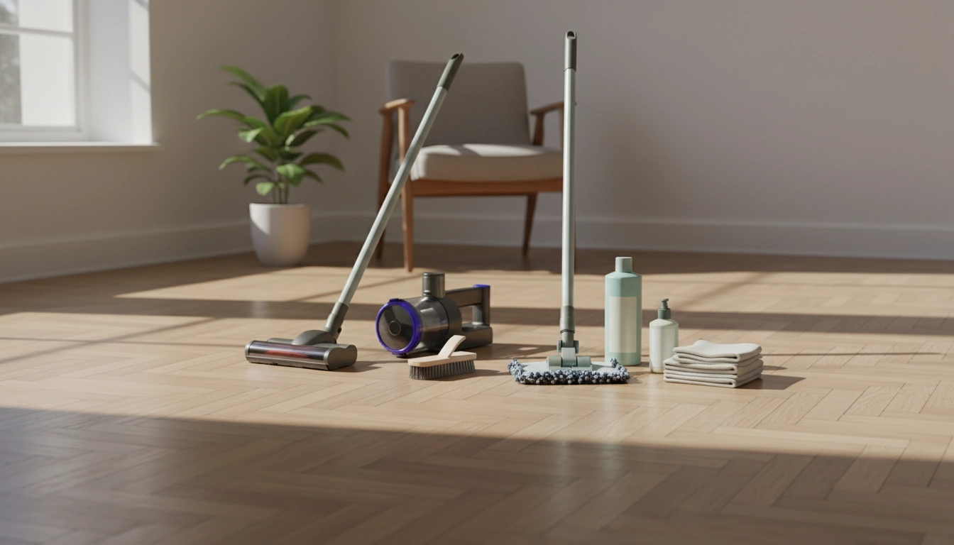 Entretien complet des sols parquets en bois avec balai microfibre et produits naturels