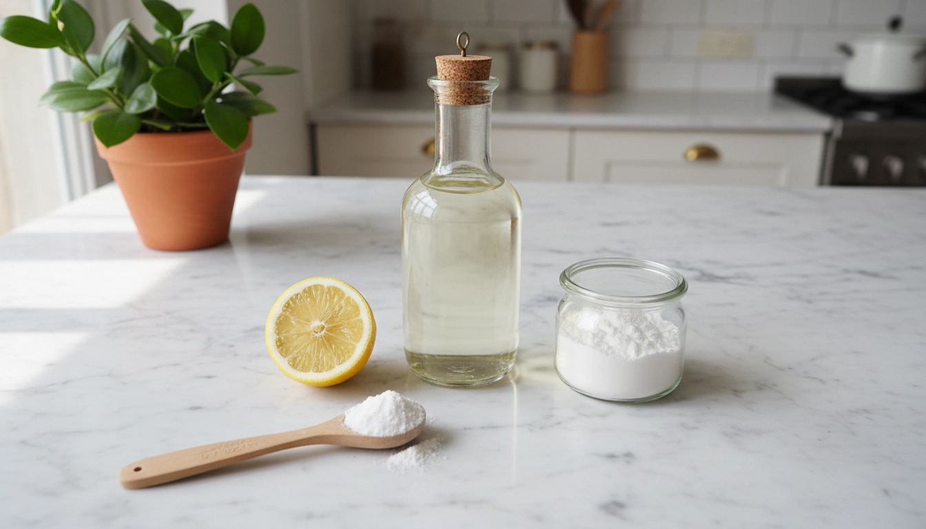 Ingrédients naturels pour un entretien électroménager écologique : vinaigre blanc, bicarbonate de soude et citron sur un plan de travail en marbre