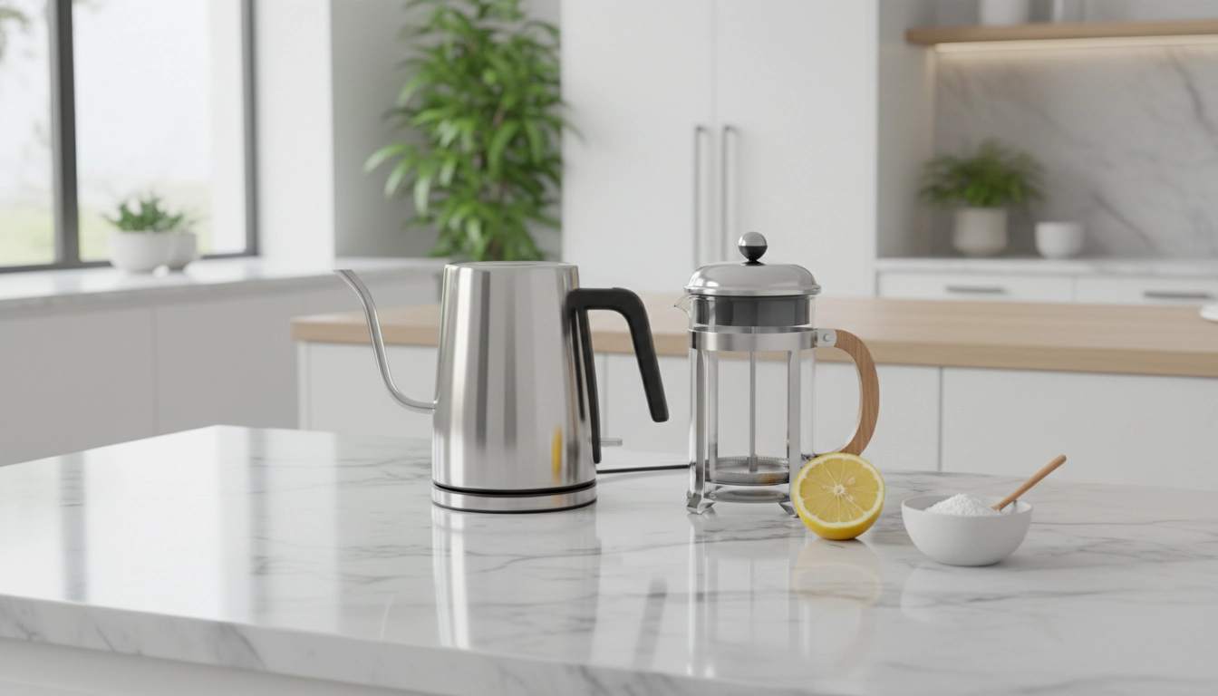 Détartrage écologique d'une bouilloire et d'une cafetière avec du citron et de l'acide citrique pour prolonger leur durée de vie