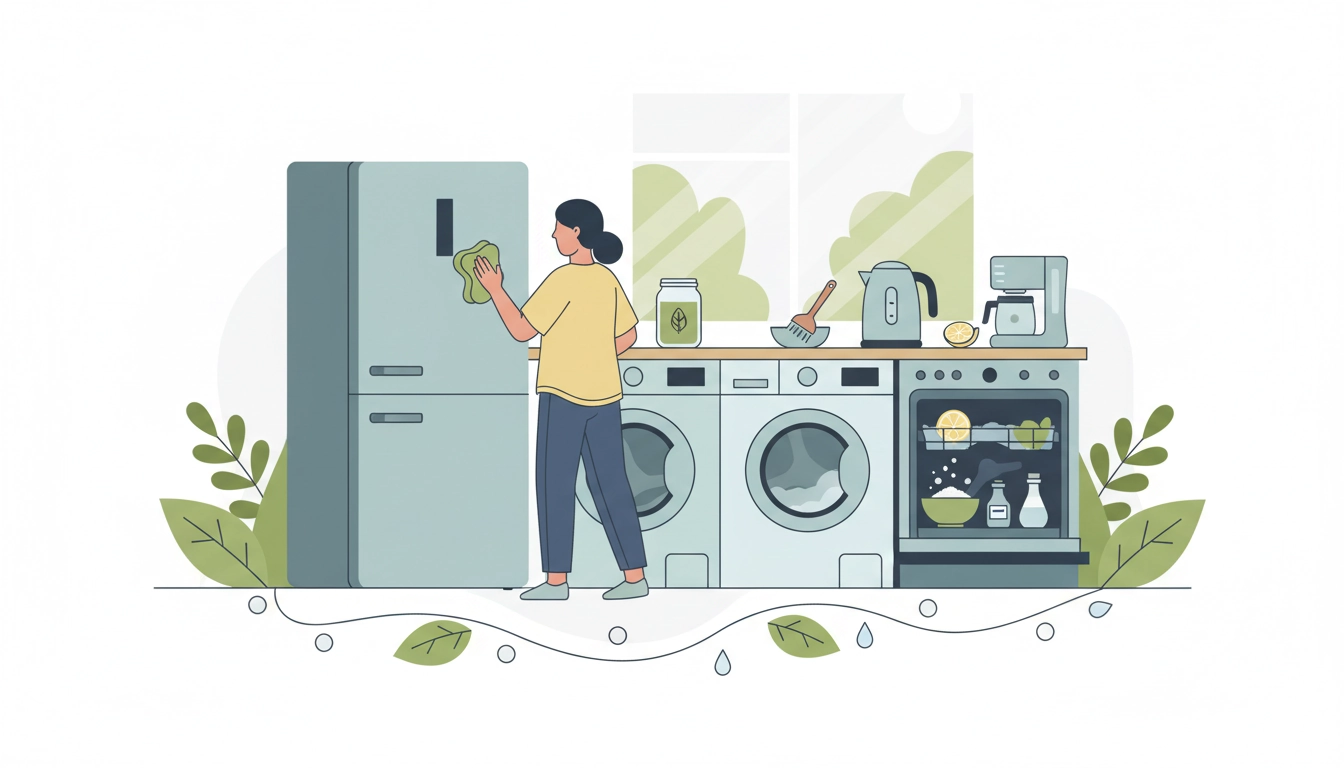 Entretien électroménager écologique avec du vinaigre blanc et du bicarbonate de soude posés sur un plan de travail naturel