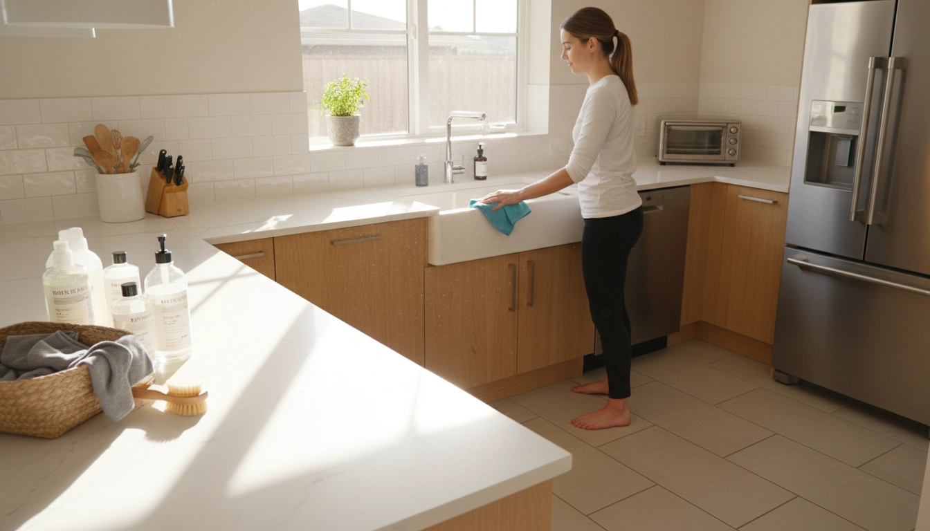 Femme effectuant l'entretien maison de la cuisine avec un chiffon microfibre