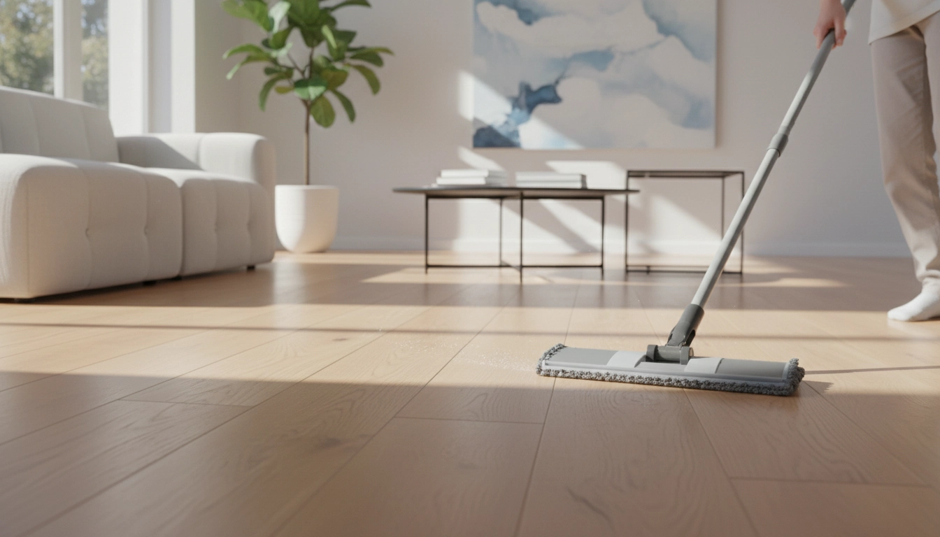 Entretien d'un sol en parquet bois clair avec une serpillière plate microfibre