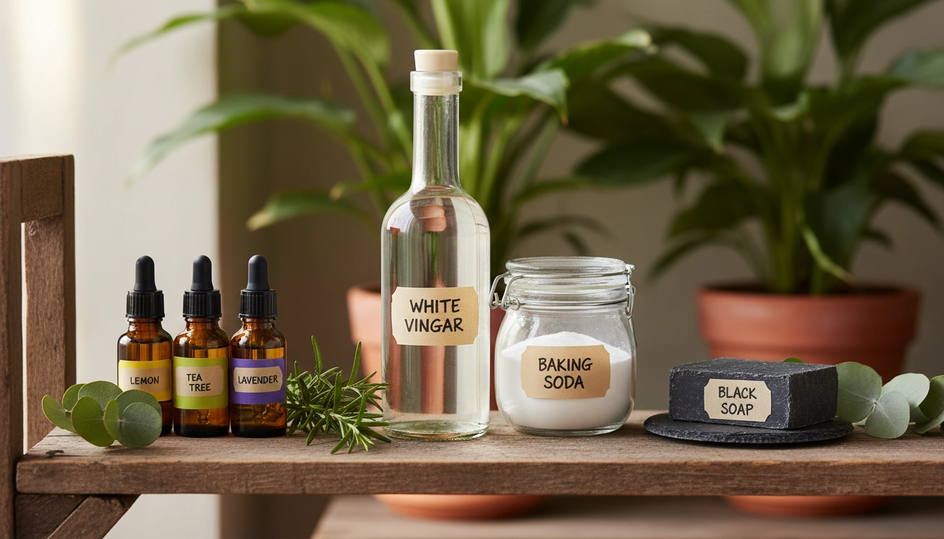 Produits naturels pour un entretien maison écologique : vinaigre blanc, bicarbonate et savon noir