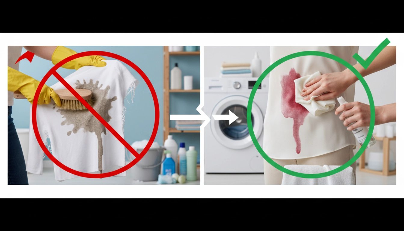 Une personne évitant les pires erreurs à éviter détachage vêtements en tamponnant doucement une tache de café avec un chiffon blanc propre.