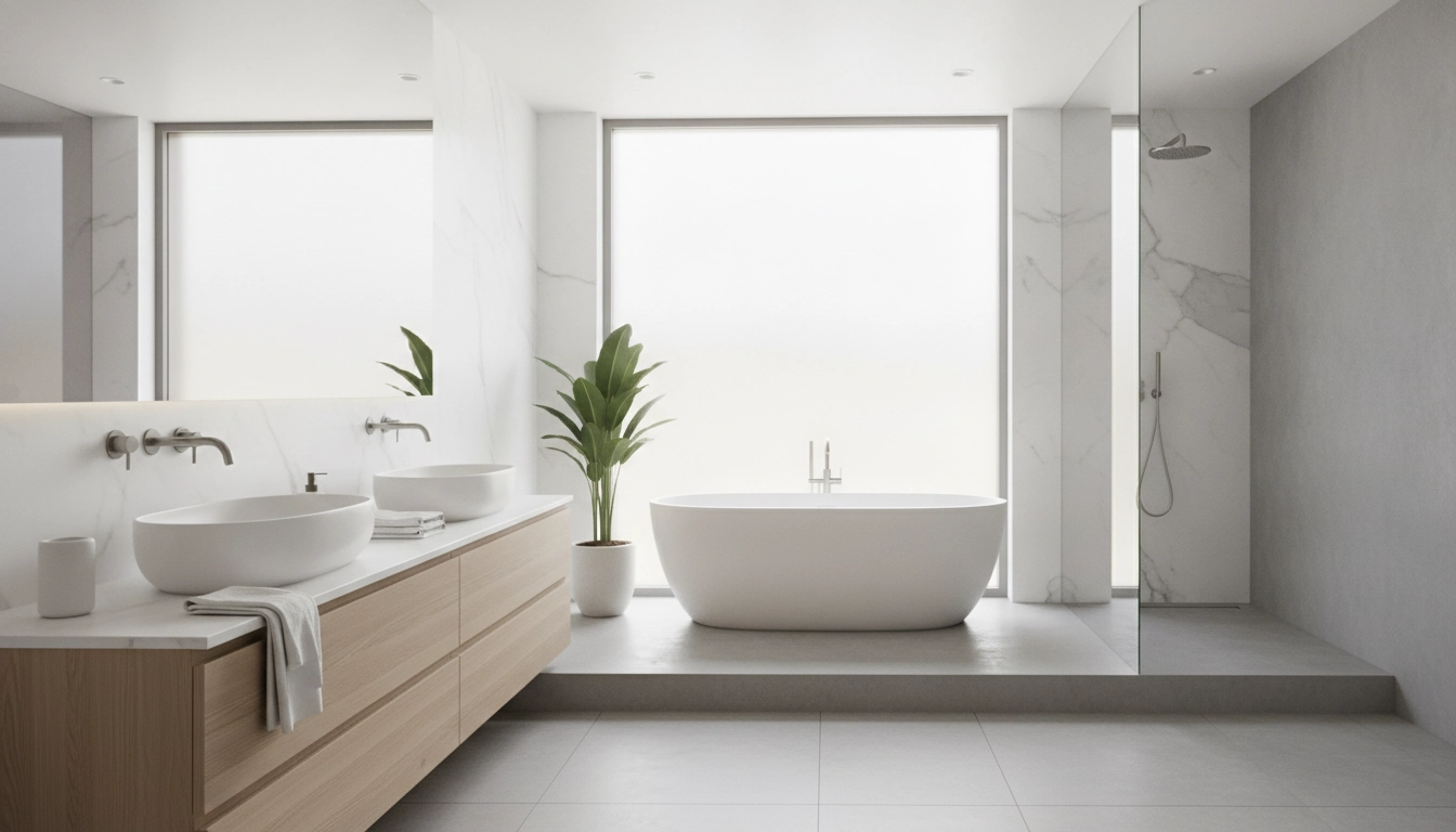 Exemple d'une salle de bain moderne où les erreurs à éviter pour un nettoyage rapide de salle de bain ont été corrigées.
