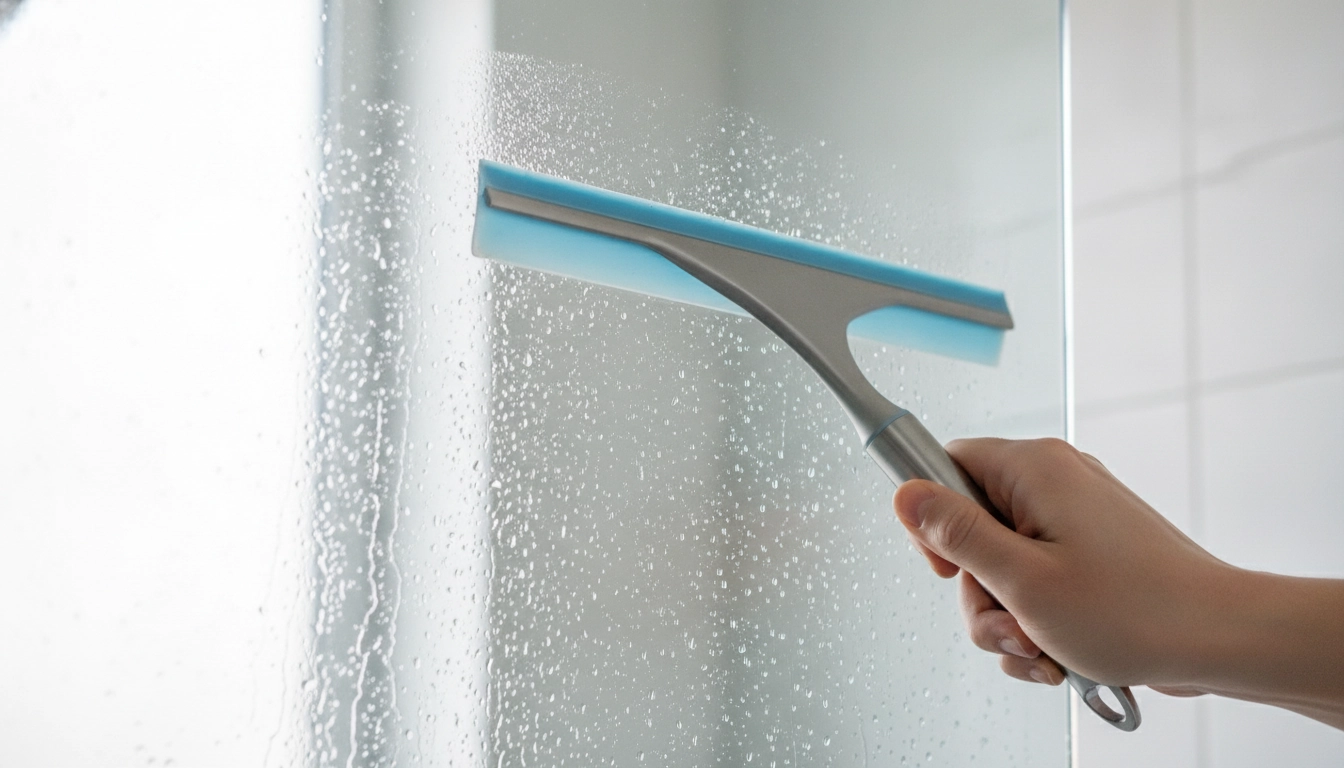 Utilisation d'une raclette pour éviter les erreurs à éviter pour un nettoyage rapide de salle de bain sur les vitres.