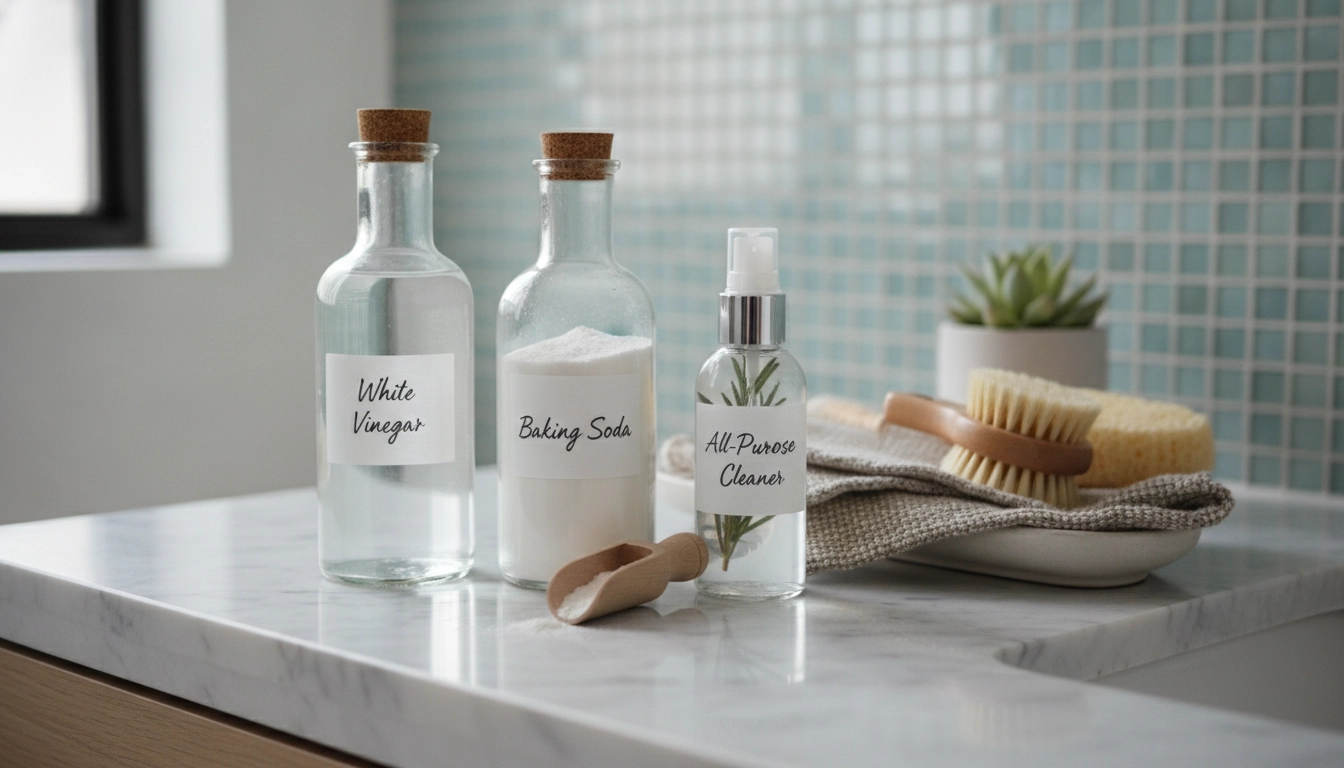 Produits naturels essentiels pour corriger les erreurs à éviter pour un nettoyage rapide de salle de bain.