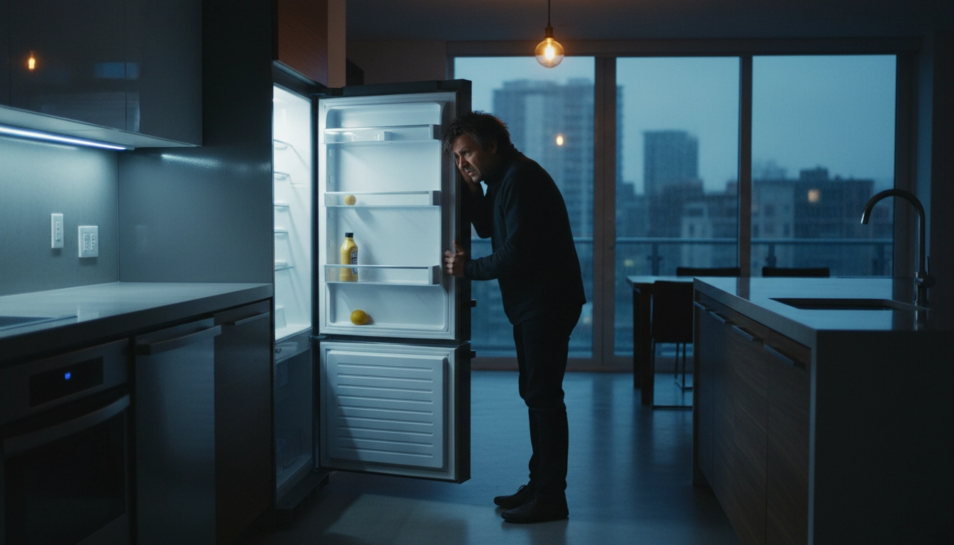 Femme stressée devant son réfrigérateur ouvert cherchant une idée de repas rapide.