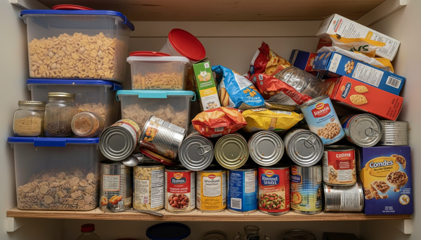 Placard de cuisine désorganisé illustrant les erreurs à éviter planification repas semaine.