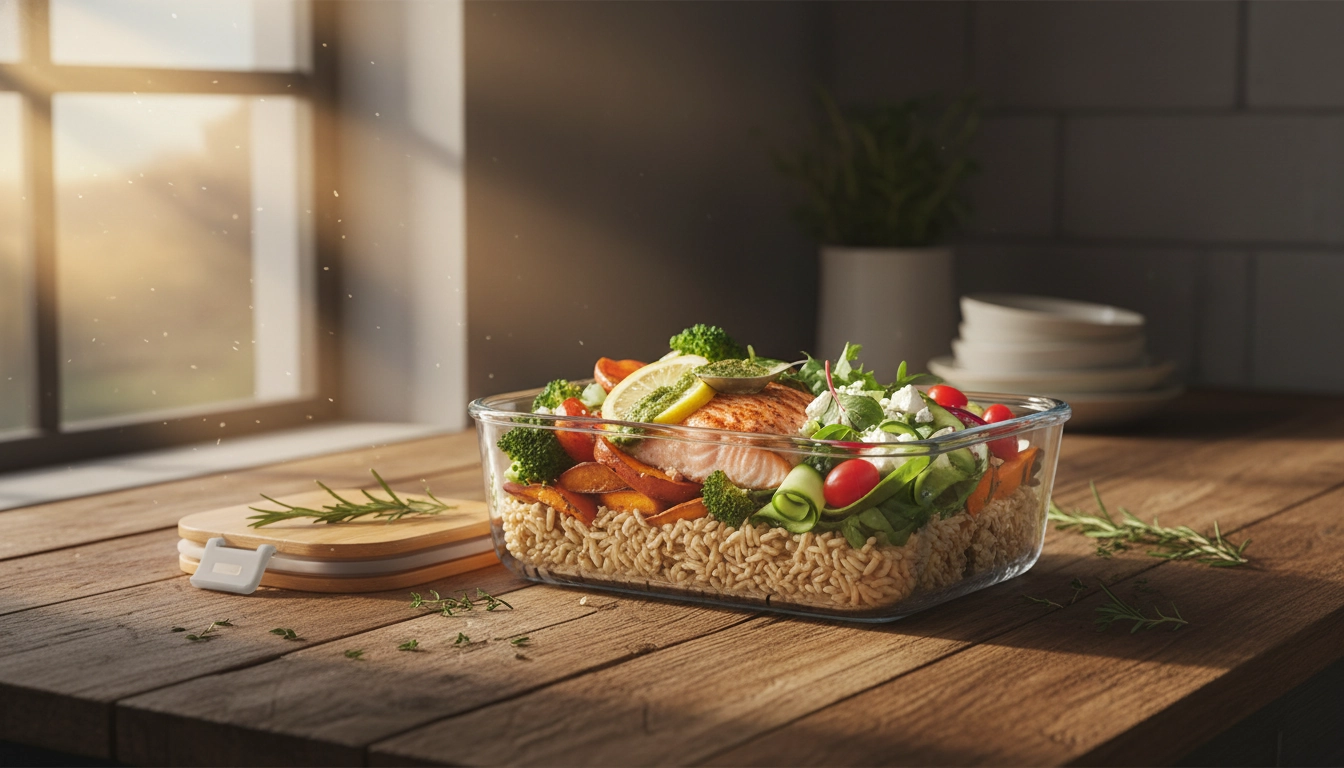 Récipients en verre contenant des restes de repas sains et équilibrés sur un plan de travail.