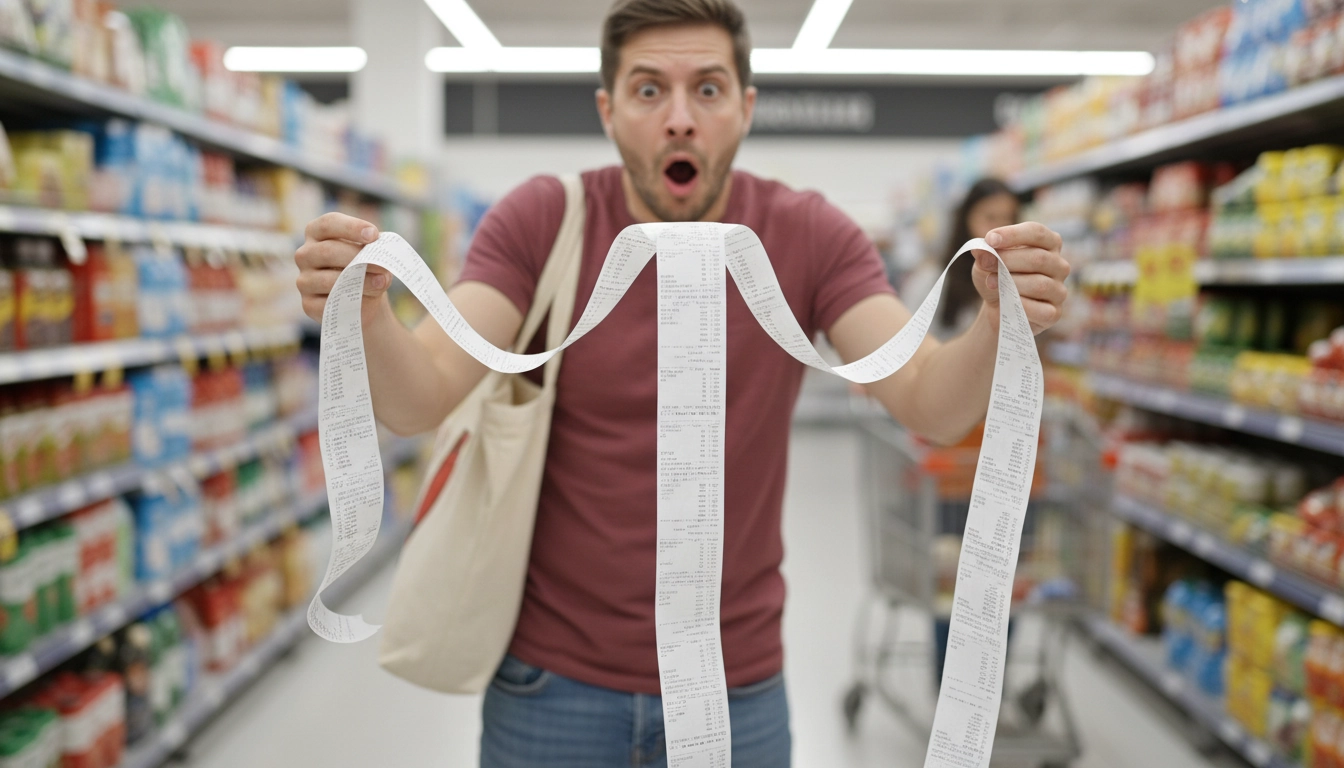 Personne surprise par le montant exorbitant de son ticket de caisse au supermarché.