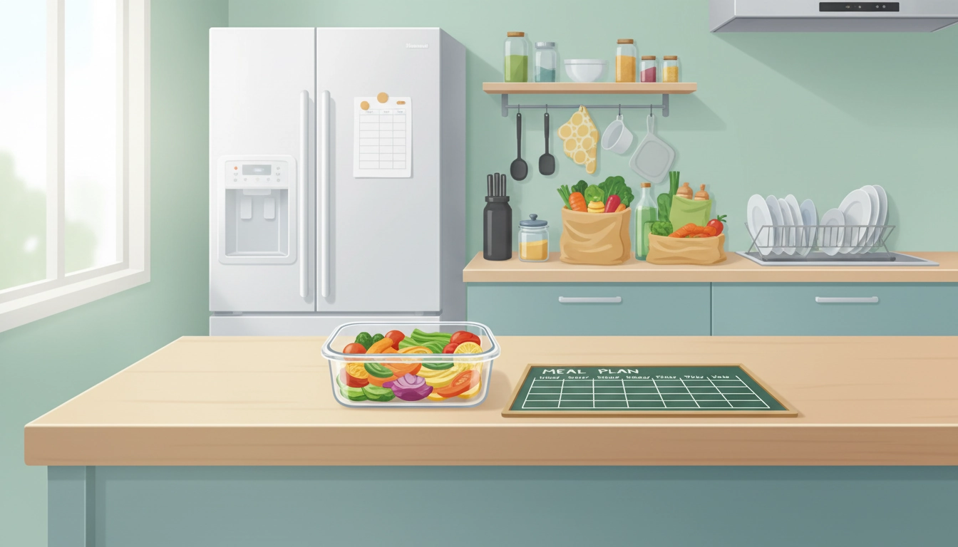 Planche à découper avec des légumes frais et un carnet de notes pour l'organisation des menus.