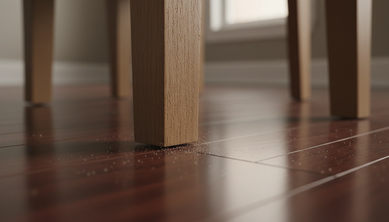 Les pieds nus d'une chaise rayant un parquet en bois, montrant l'importance des patins de protection.