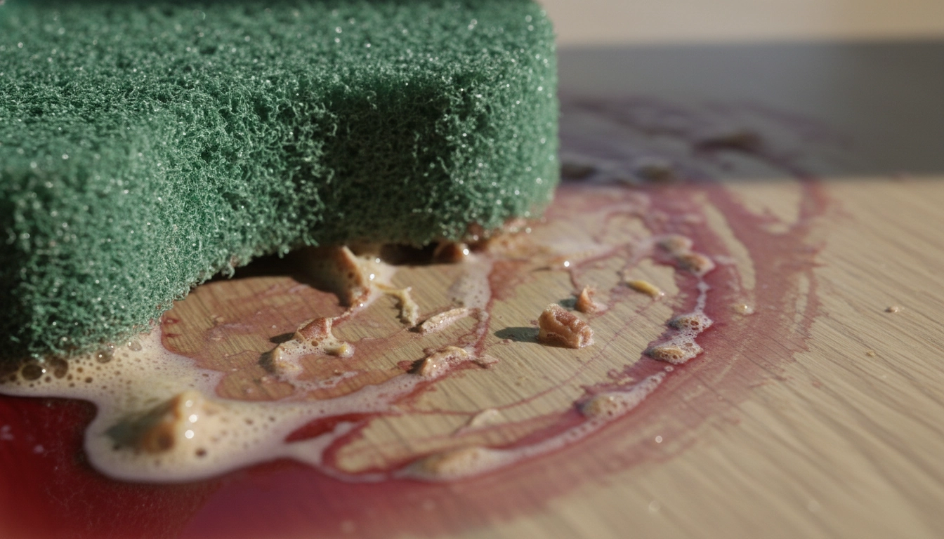L'utilisation d'une éponge abrasive sur une tache de vin, détruisant le vernis du parquet.