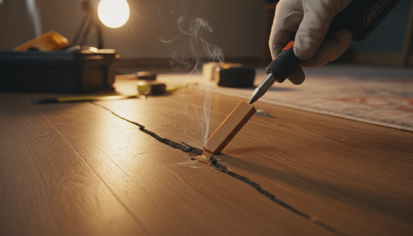 La réparation immédiate d'une fissure sur un parquet avec de la cire fondue pour éviter l'infiltration d'eau.