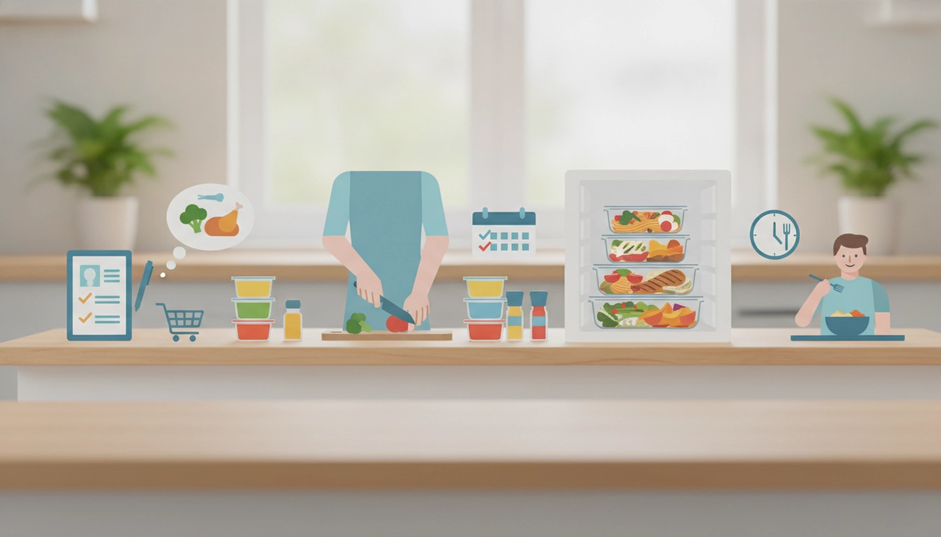 Une personne souriante organisant ses repas de la semaine dans une cuisine moderne et lumineuse.