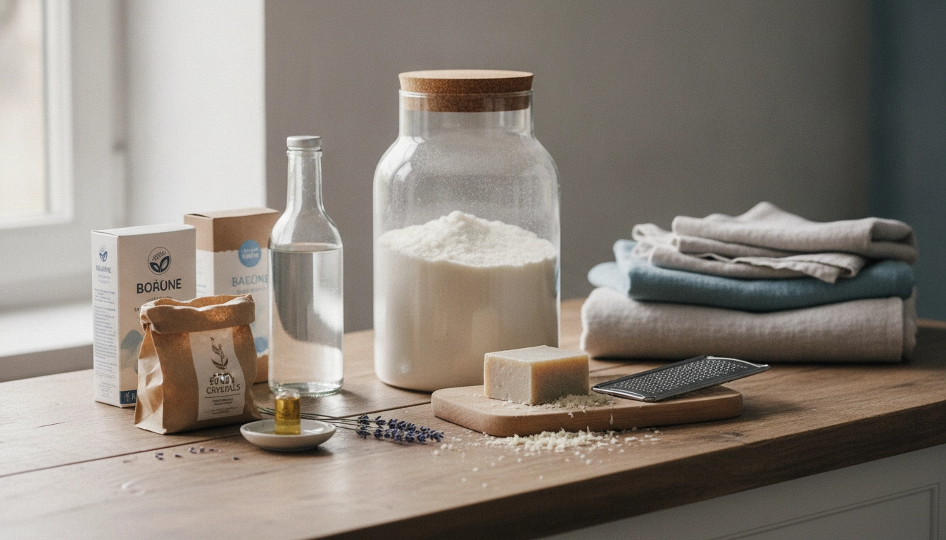 Une personne versant une lessive maison dans une bouteille en verre pour fabriquer lessive maison zéro déchet économique