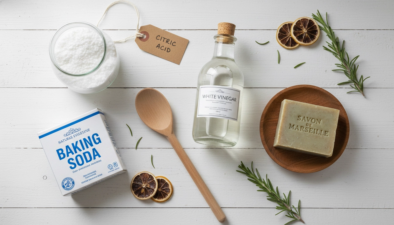 Ingrédients naturels pour fabriquer des produits d'entretien électroménager écologique maison disposés sur un plan de cuisine