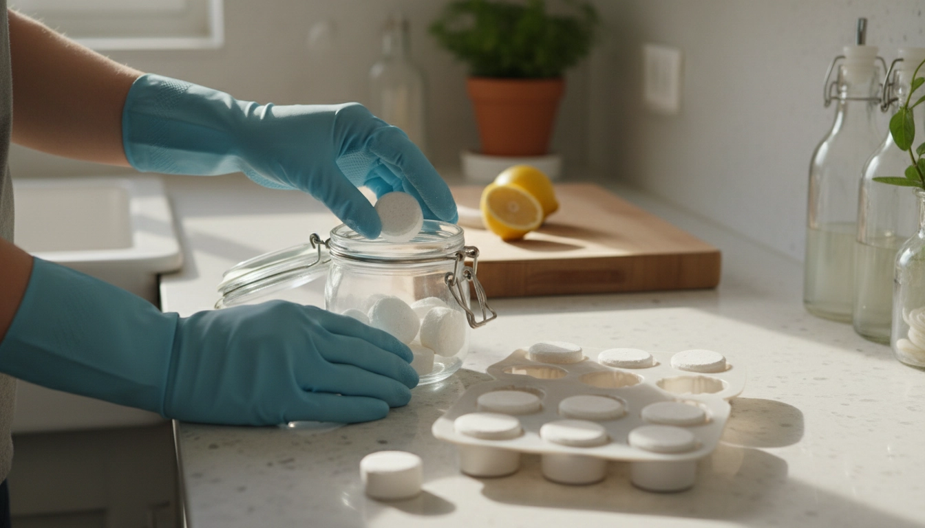 Fabrication de tablettes lave-vaisselle maison avec des ingrédients naturels comme le bicarbonate et l'acide citrique