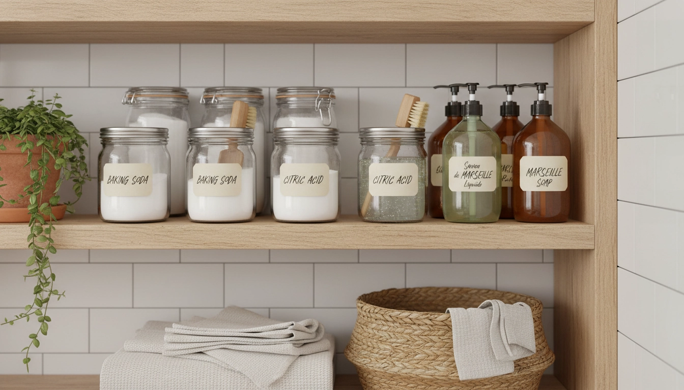 Organisation et stockage des produits d'entretien électroménager écologique fabriqués maison dans des bocaux en verre étiquetés