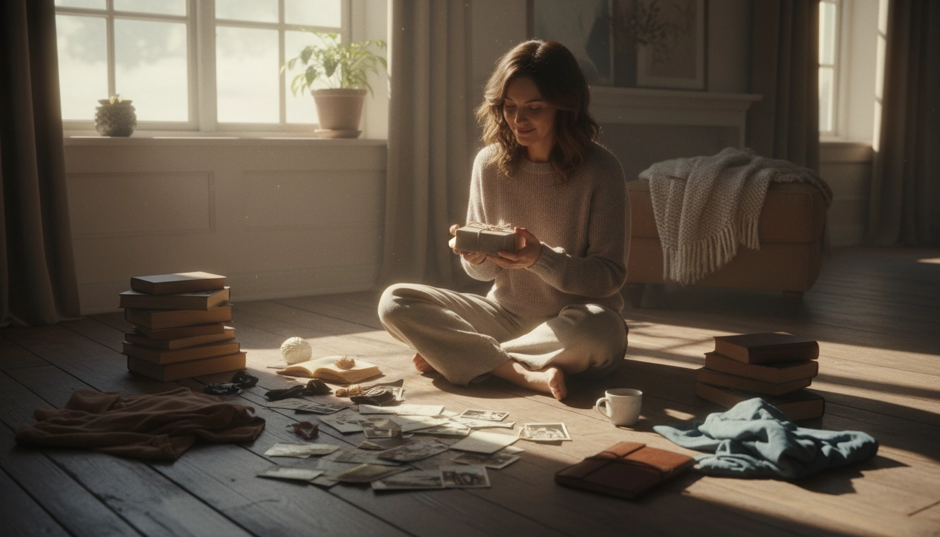Femme assise entourée d'objets personnels pour gérer l'attachement émotionnel objets désencombrer sa maison