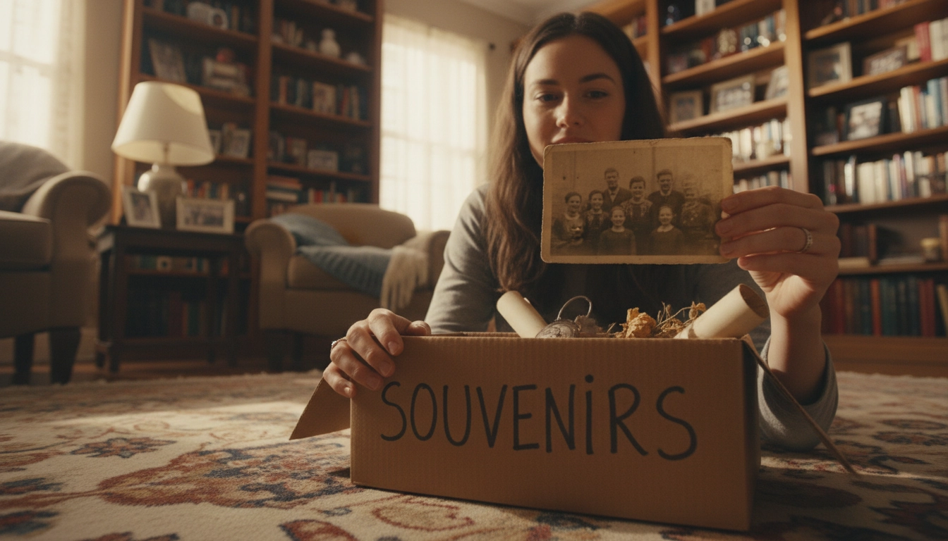 Personne tenant une photo de famille avant de désencombrer les objets hérités chargés de mémoire