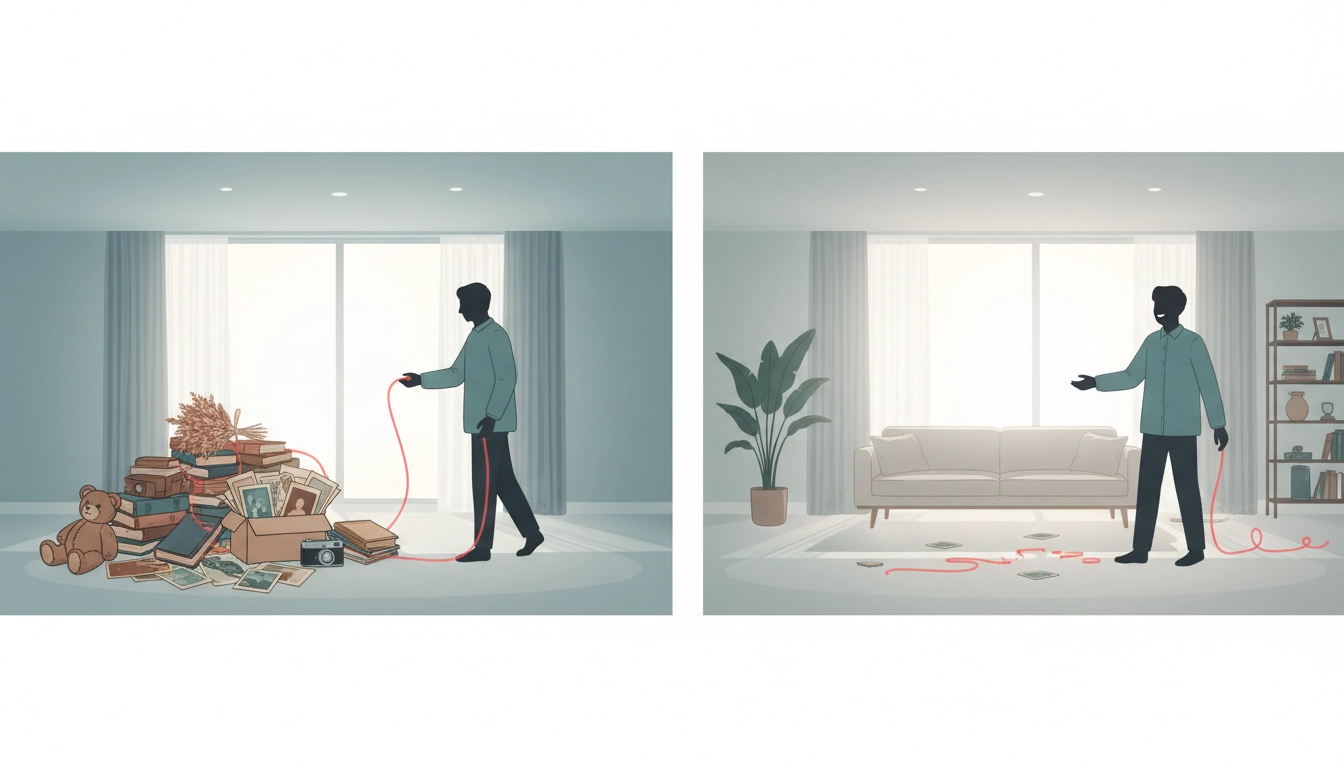 Femme en train de trier des objets personnels pour gérer l'attachement émotionnel et désencombrer sa maison