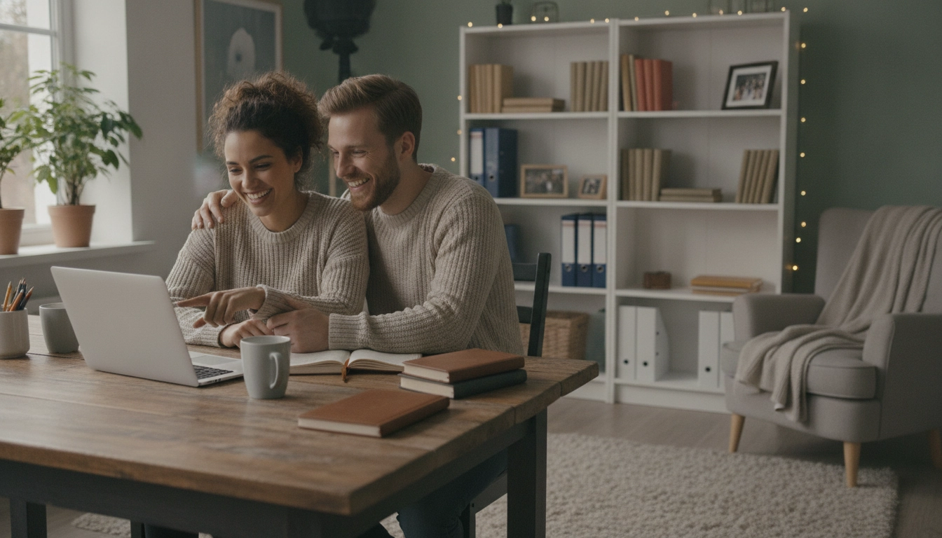 Un couple motivé en train d'apprendre à gerer dettes familiales avec un budget structuré sur un ordinateur.