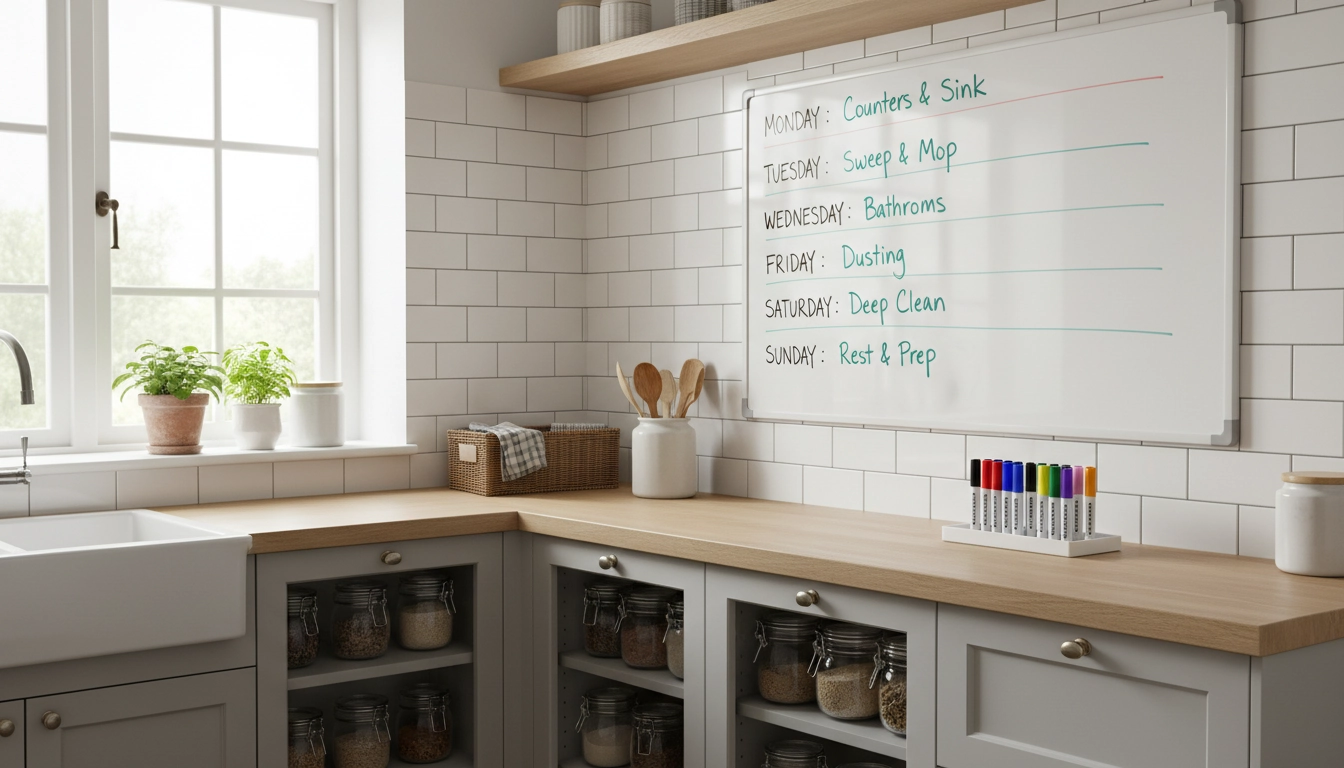Planning hebdomadaire affiché dans une cuisine propre pour mieux gérer les tâches ménagères