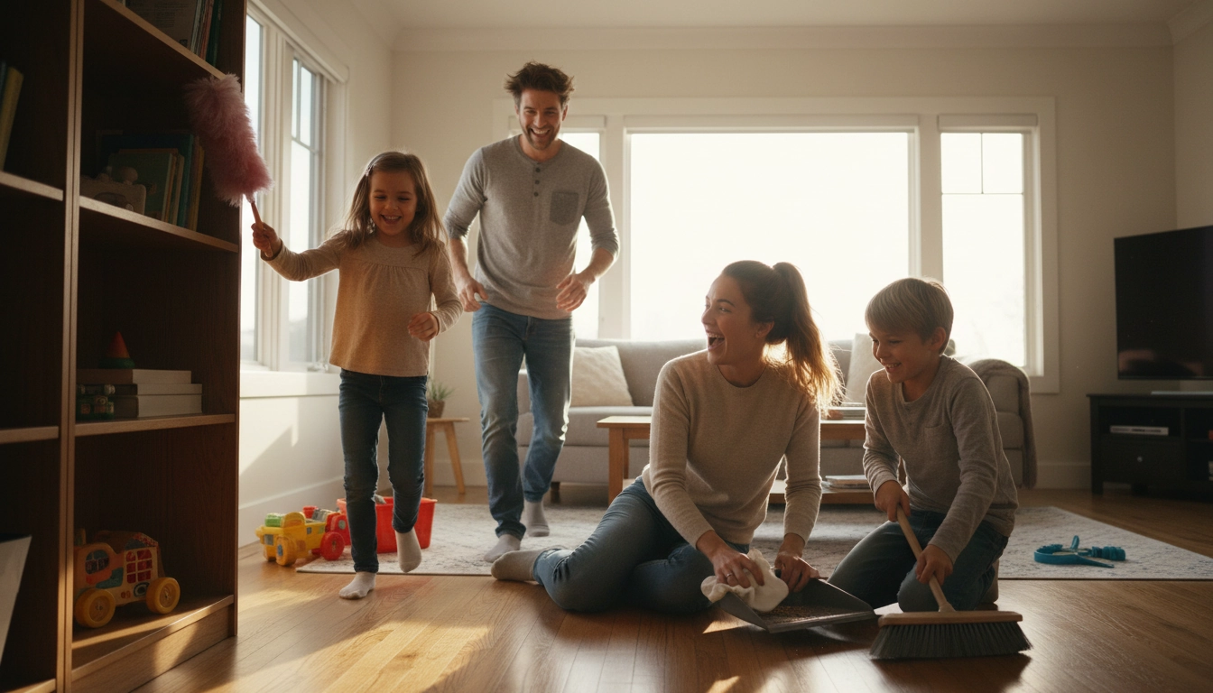 Famille qui se répartit les tâches ménagères pour alléger la charge domestique