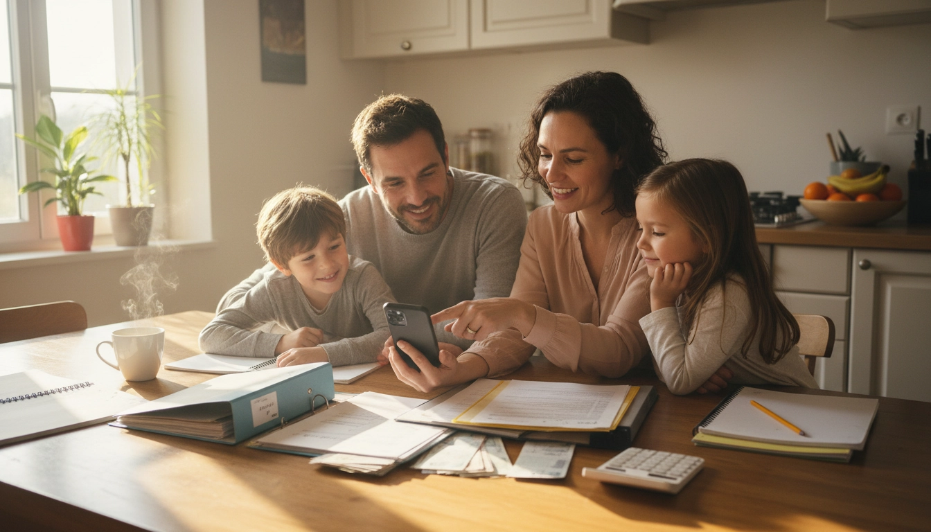 Famille française pratiquant la gestion budget familial ensemble autour de la table de cuisine