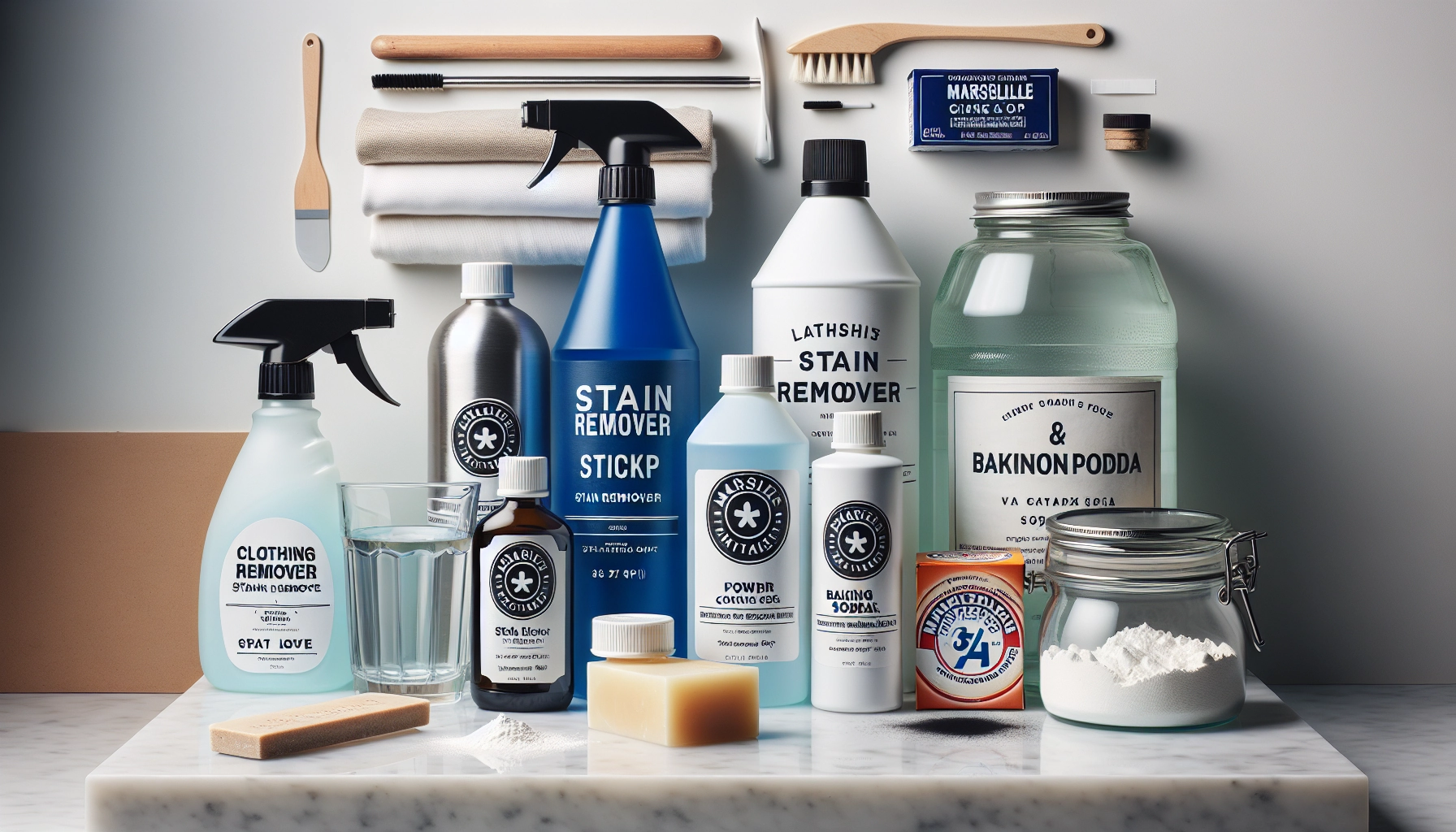 Guide produits détachage vêtements efficaces : sélection de détachants en spray, stick et poudre sur marbre blanc