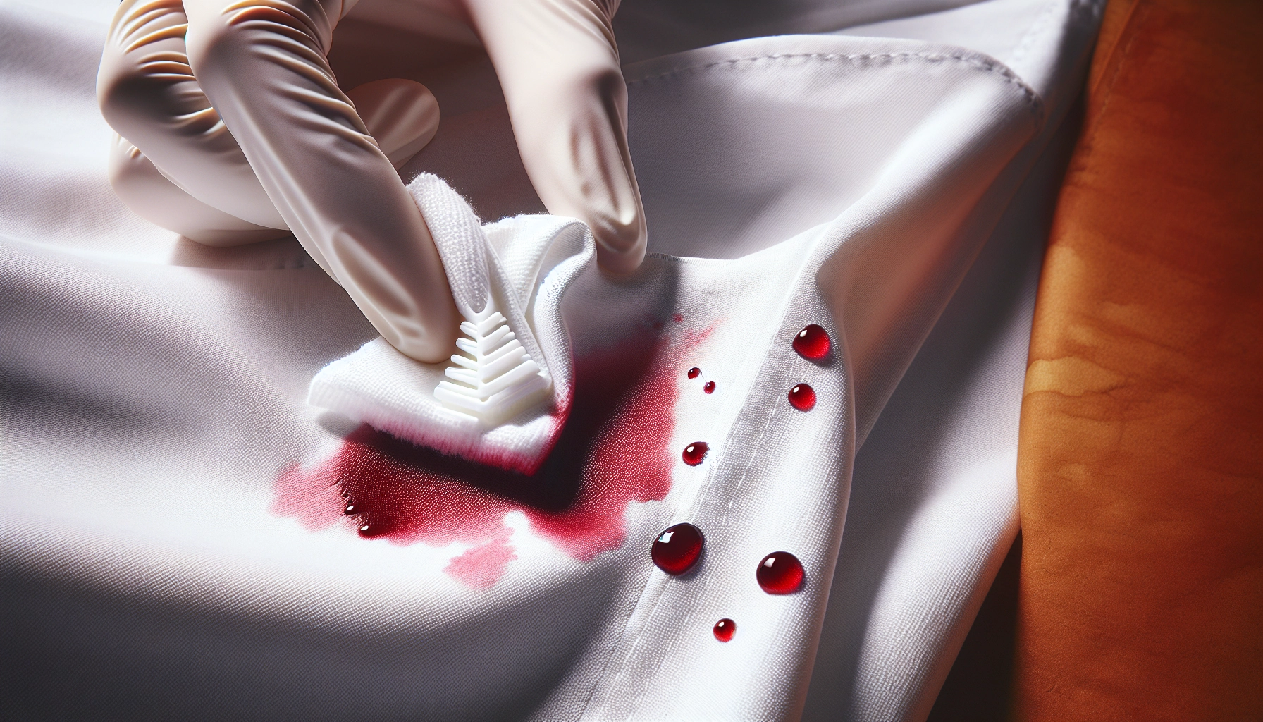 Traitement d'une tache de vin rouge sur tissu blanc par tamponnement, technique recommandée dans tout guide de détachage vêtements efficace