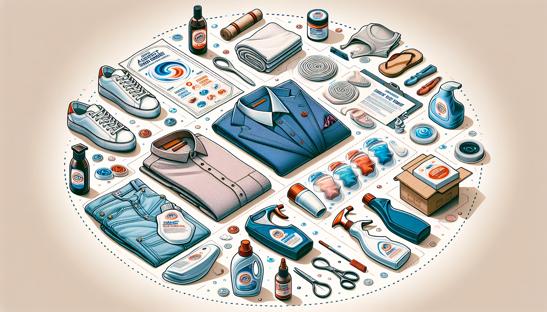 Guide complet des produits de détachage pour vêtements, avec différents flacons de détachants, savons et ingrédients naturels posés sur une surface blanche