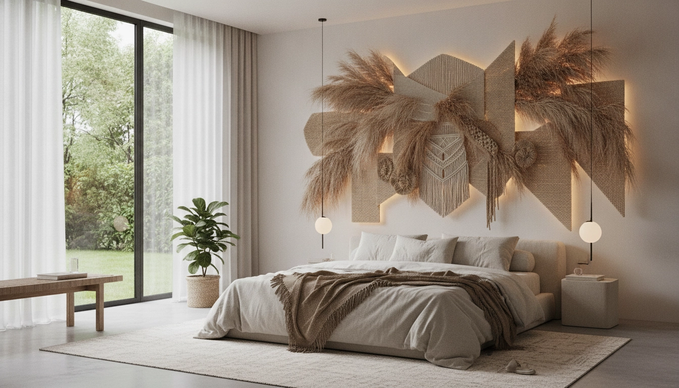 Exemple d'une idée décoration murale originale chambre adulte relaxante avec des textures naturelles.