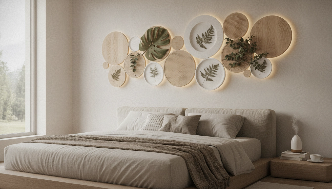 Une chambre adulte avec une décoration murale originale et relaxante, style minimaliste et apaisant.
