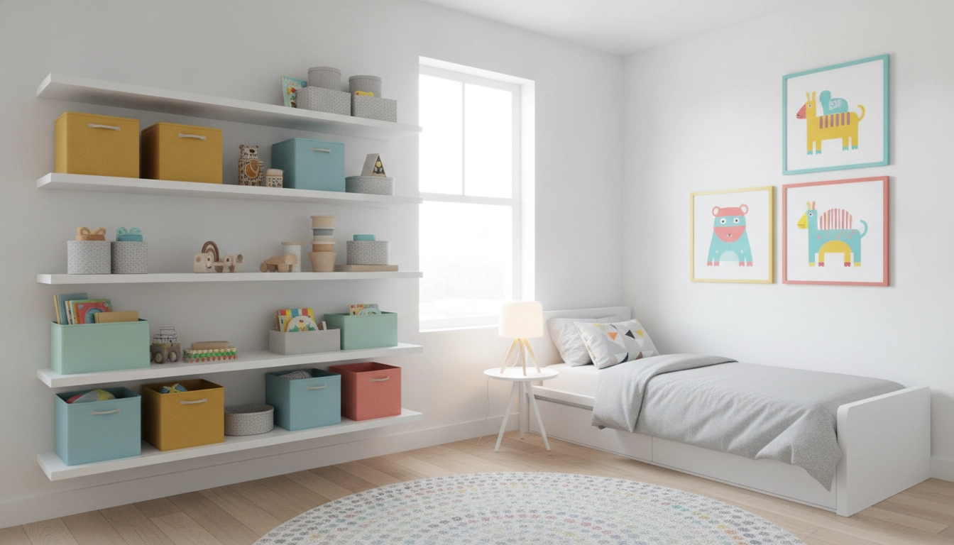 Exemple de rangement astucieux avec des bacs colorés pour des idées rangement aménagement chambre enfant.