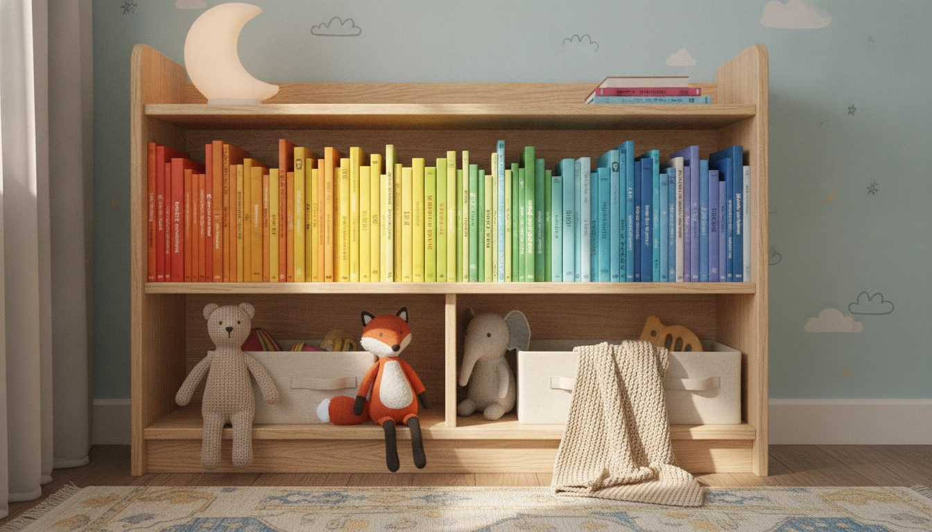 Bibliothèque murale à hauteur d'enfant pour une chambre parfaitement organisée.