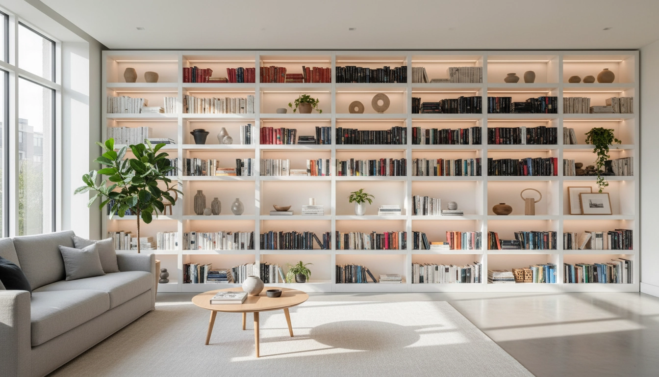 Idées rangement intégré salon fonctionnel avec bibliothèque encastrée du sol au plafond en bois chêne