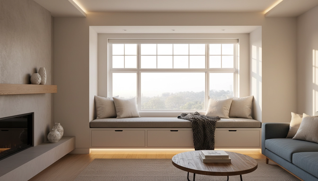 Banquette sur mesure avec tiroirs de rangement intégré sous fenêtre dans un salon moderne et fonctionnel