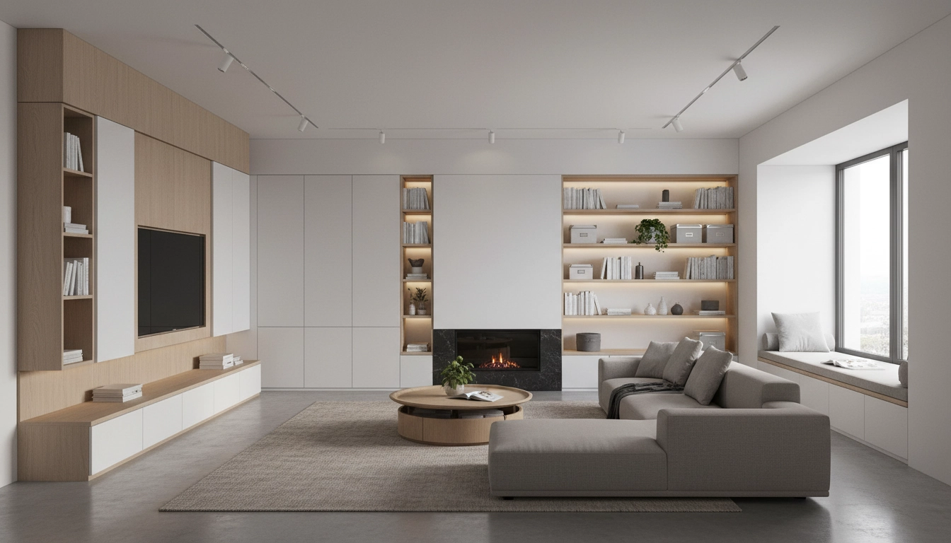 Salon moderne avec bibliothèque encastrée du sol au plafond et rangements intégrés fonctionnels